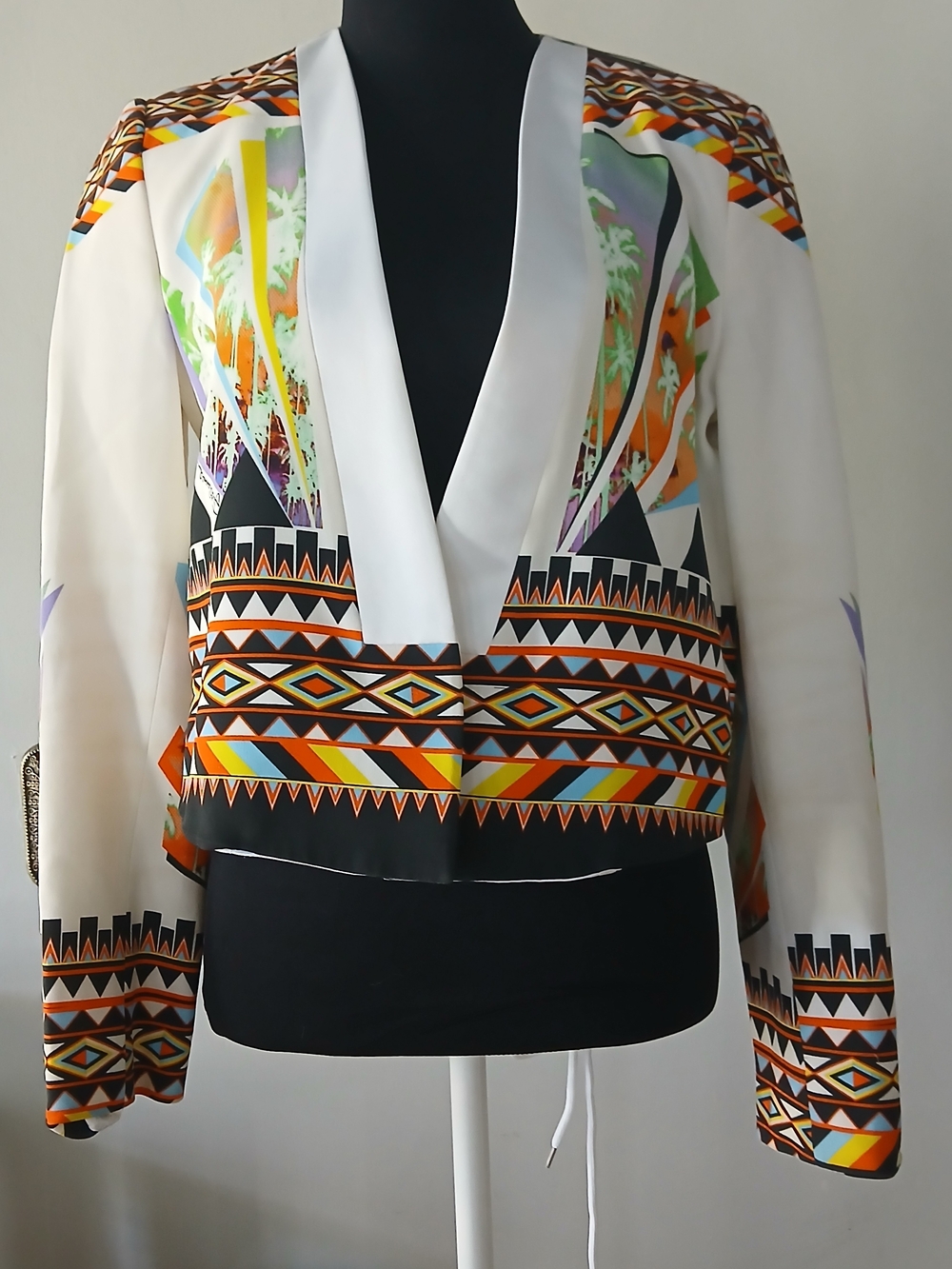 Just Cavalli Ivory Open-Front Blazer with Multicolor Geometric Print
